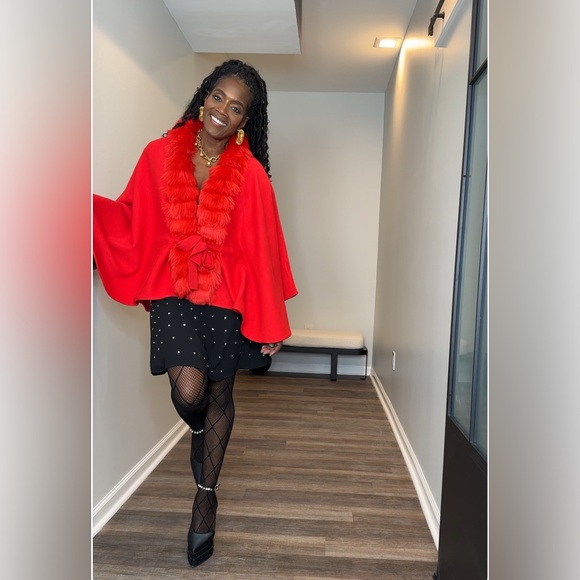 Boston proper Faux Fur Tie Waist Poncho Racing Red- Worn once - Picture 4 of 12